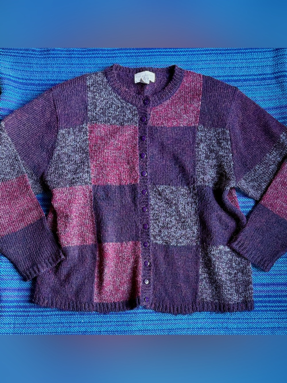 Vintage Purple Checkered Button-Front Cardigan
